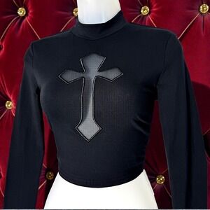 New XS Cotton Mesh Cross Gothic Black Mock Neck Long Sleeve Crop Top